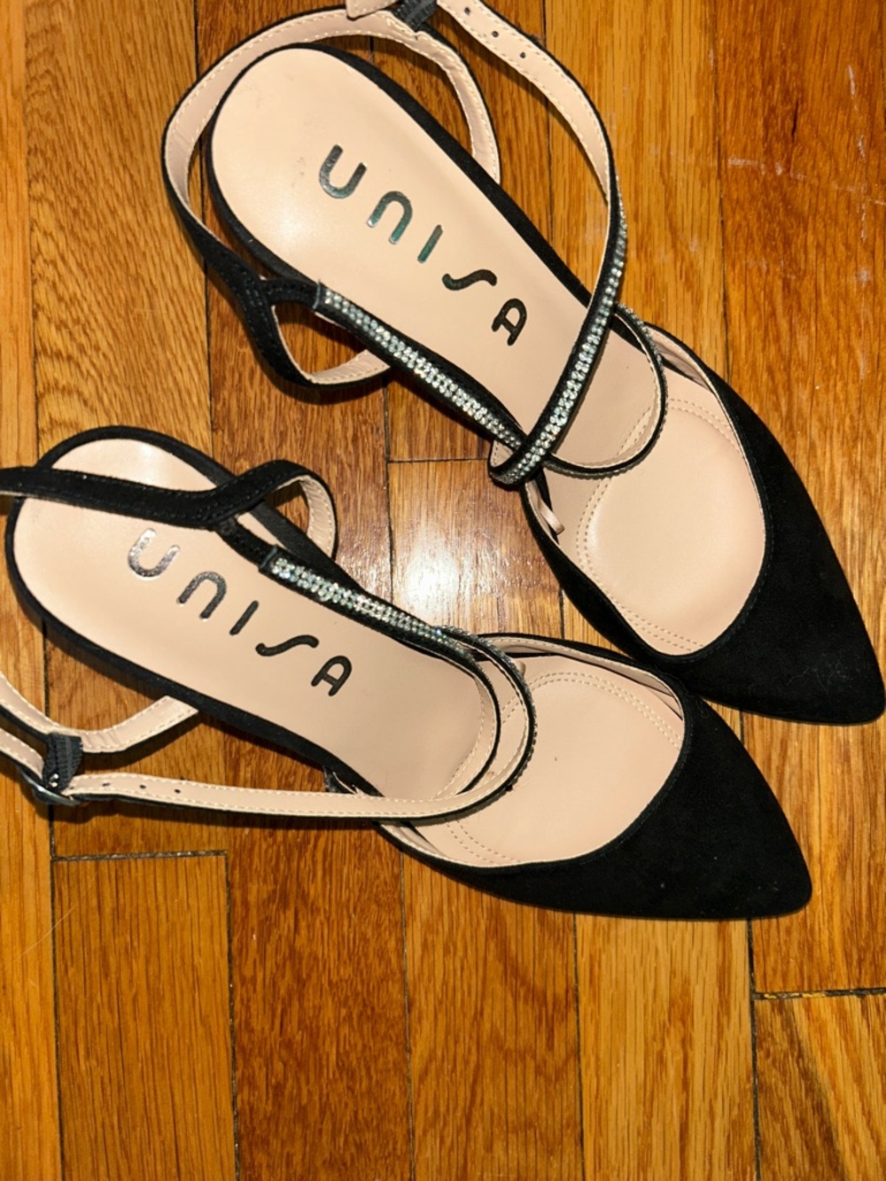 Unisa Black Pointed Toe Slingback Heels with Rhinestone Strap